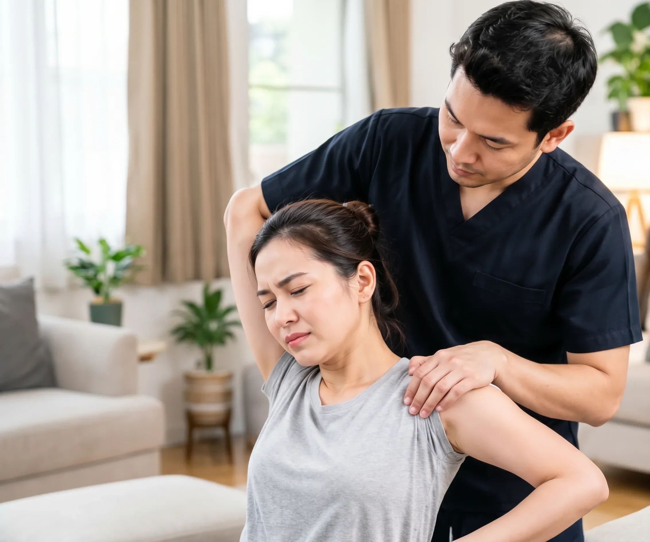 Fisioterapis melakukan terapi peregangan bahu pasien di ruang keluarga